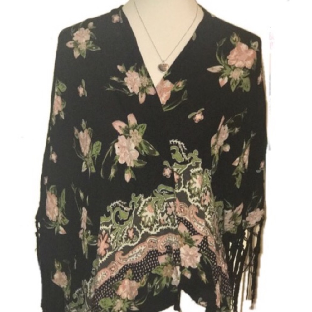 Black Floral Tassel Boho Kimono